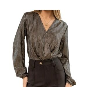 Dress‎ Forum Metallic Striped Faux Wrap Long Sleeve Bodysuit Top M